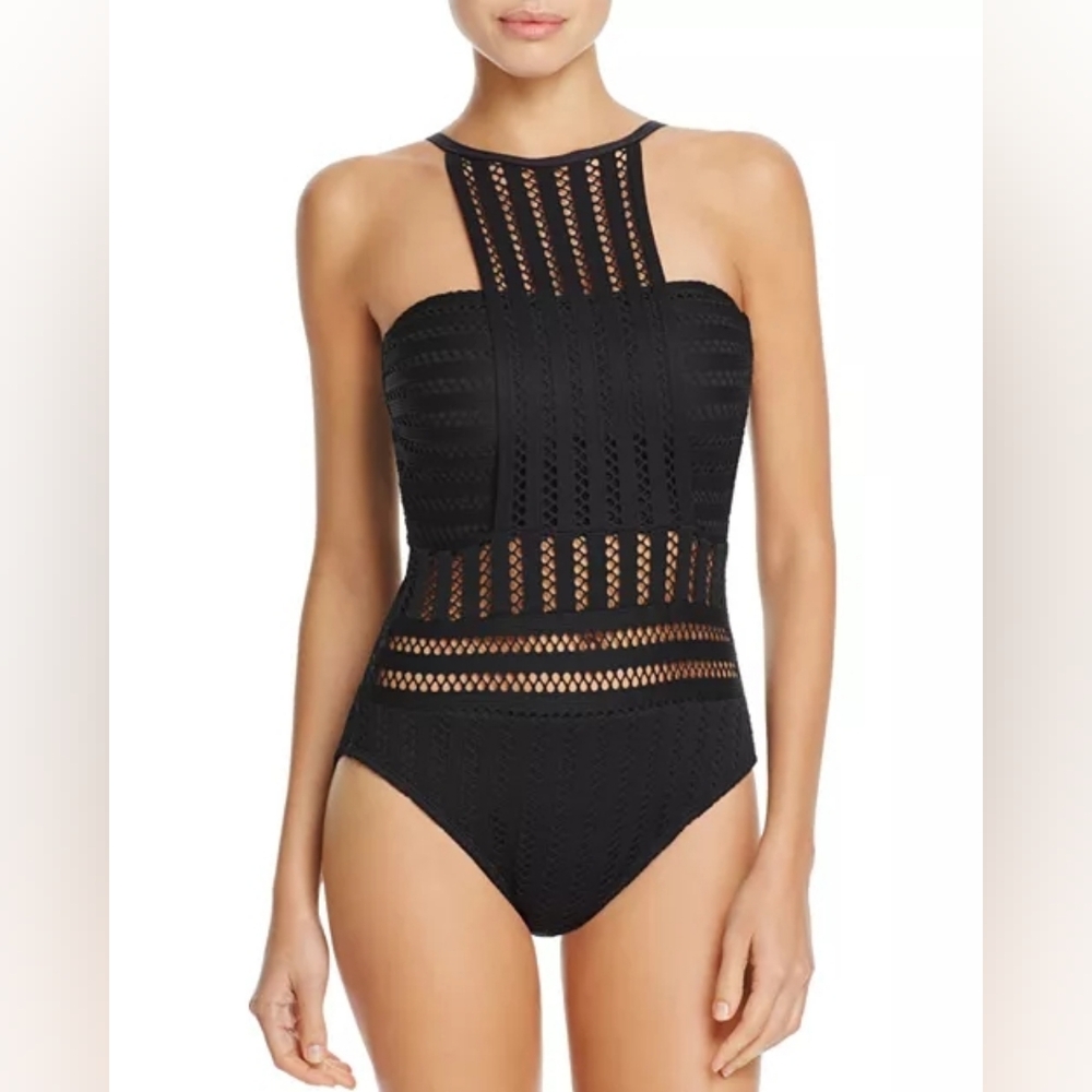 Kenneth Cole Pastel Pink Perforated Bandeau One Piece Swimsuit Lg